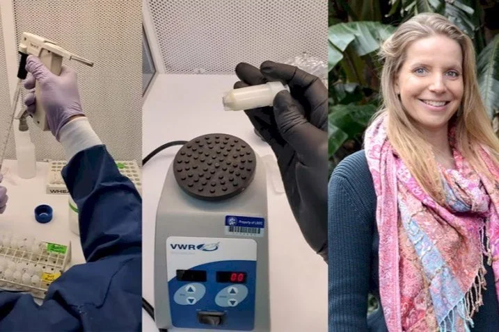 Laboratory work and smiling woman with scarf.