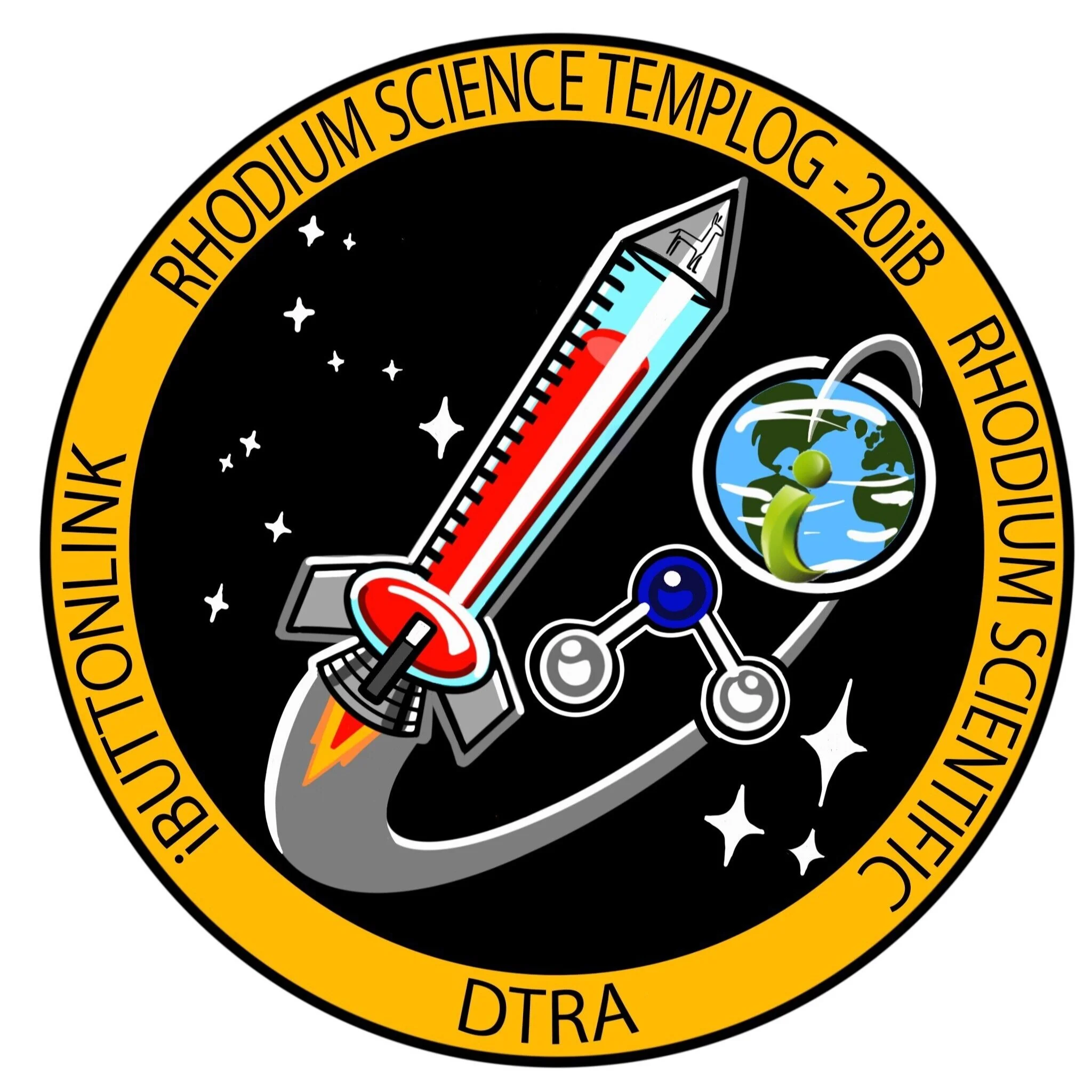 Space-themed emblem with rocket and molecule.