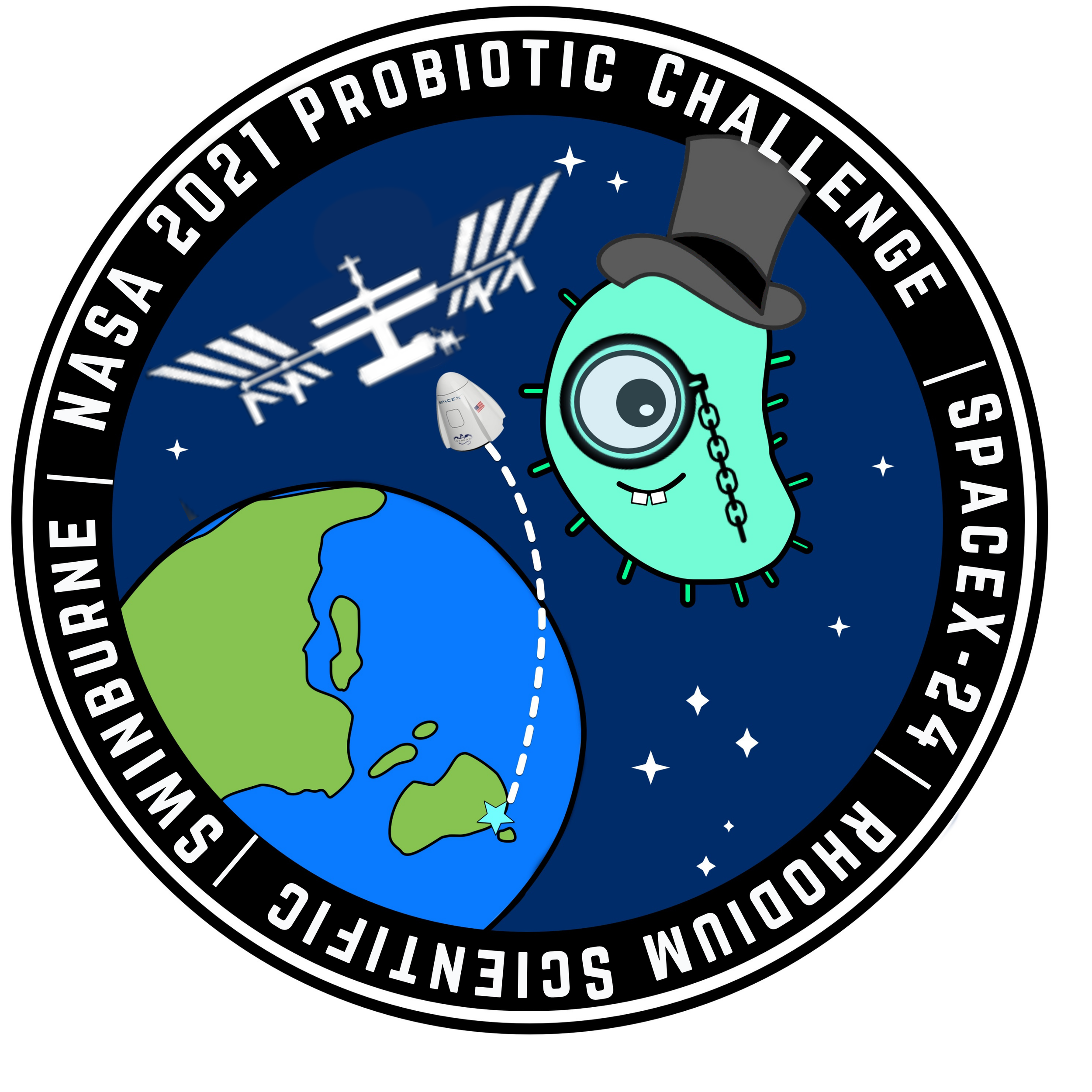 Cartoon microbe in space with Earth illustration.