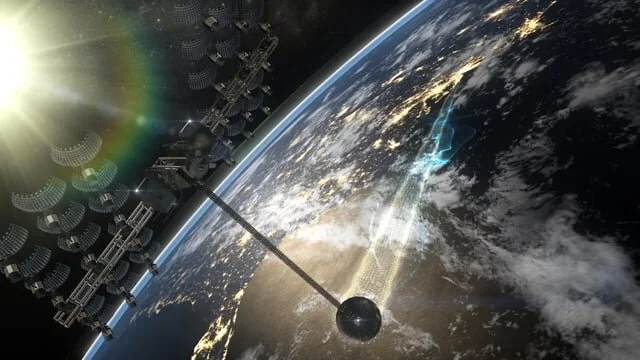 Space solar panels orbiting Earth, sunlight visible.