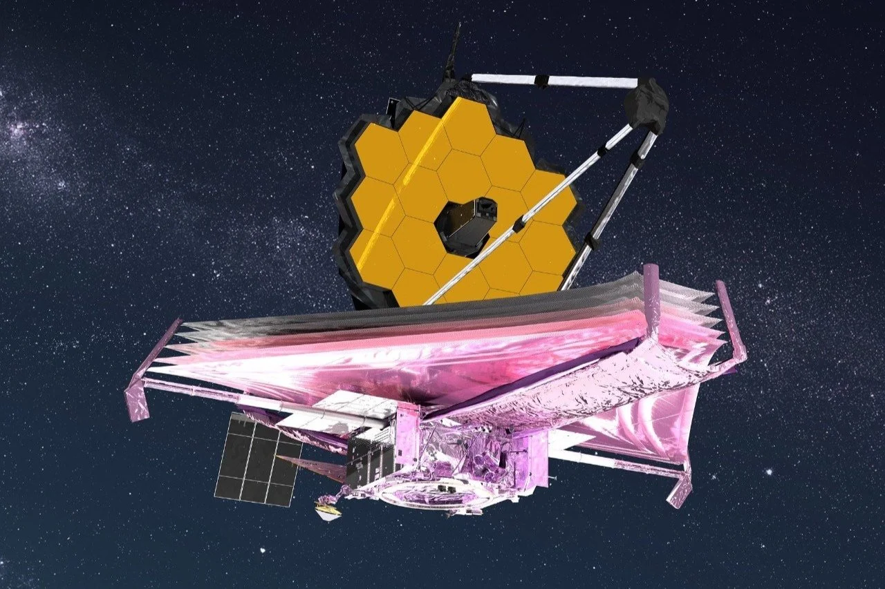 Space telescope with hexagonal mirror in space.