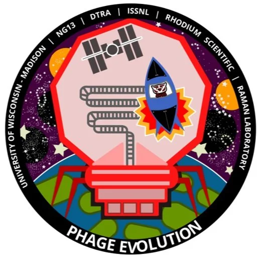 Phage evolution badge with space elements.