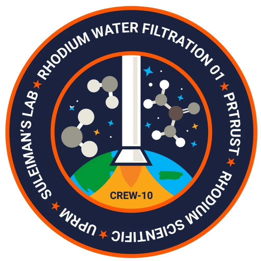 Space mission patch with molecular design elements.