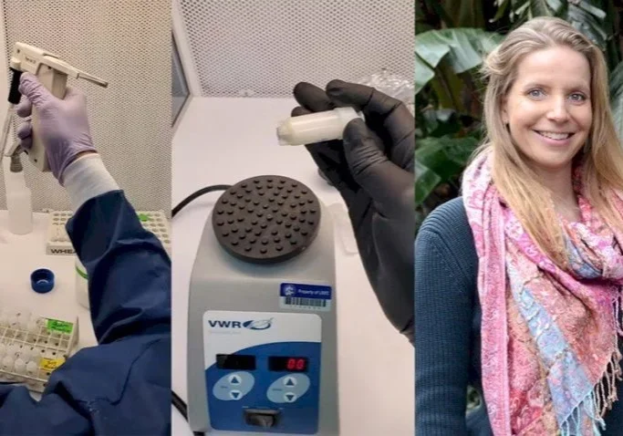 Laboratory work and smiling woman with scarf.