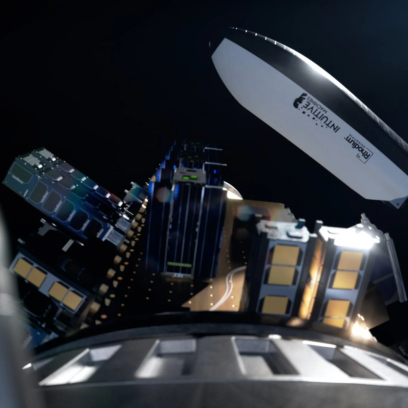 Satellite components with a deployed solar panel.