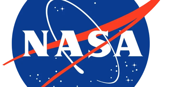 NASA logo on blue background with stars.