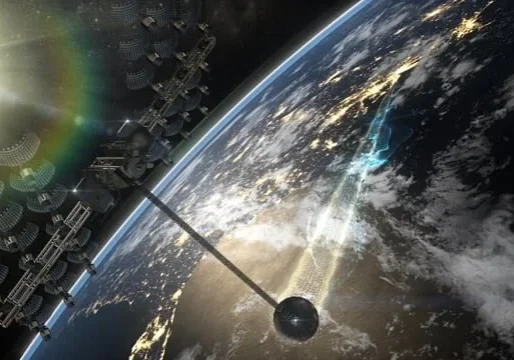 Space solar panels orbiting Earth, sunlight visible.