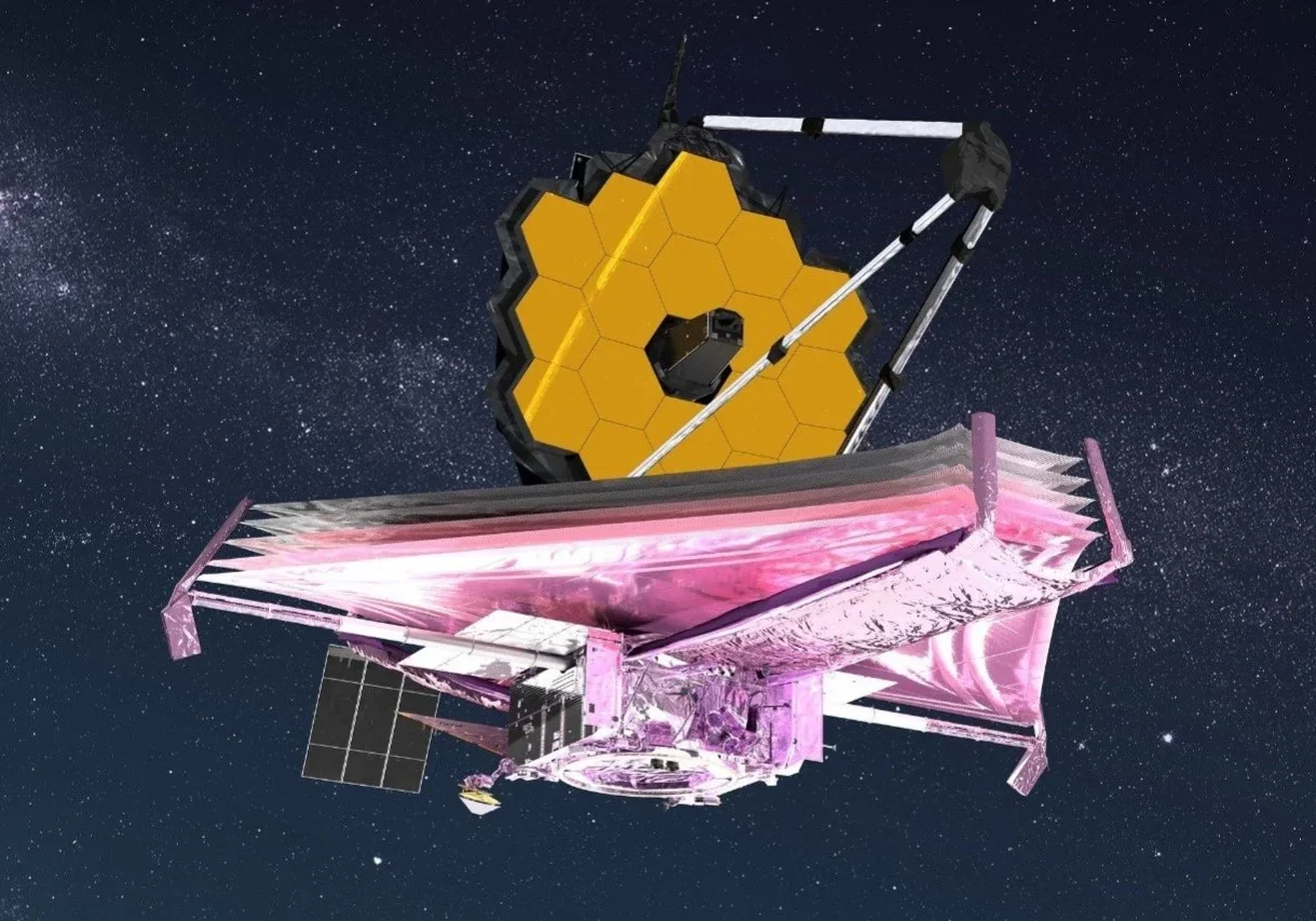 Space telescope with hexagonal mirror in space.